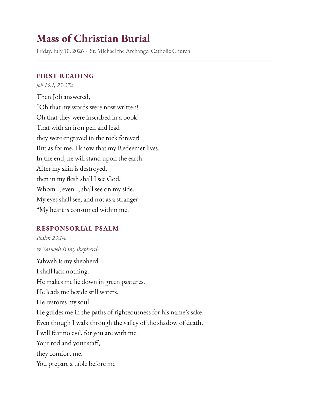 Sample lectern sheet — Readings & Psalm