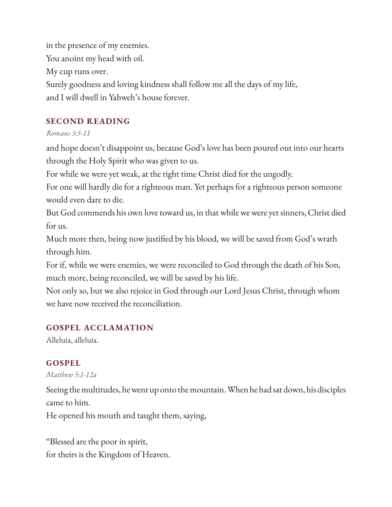 Sample lectern sheet — Gospel & Petitions