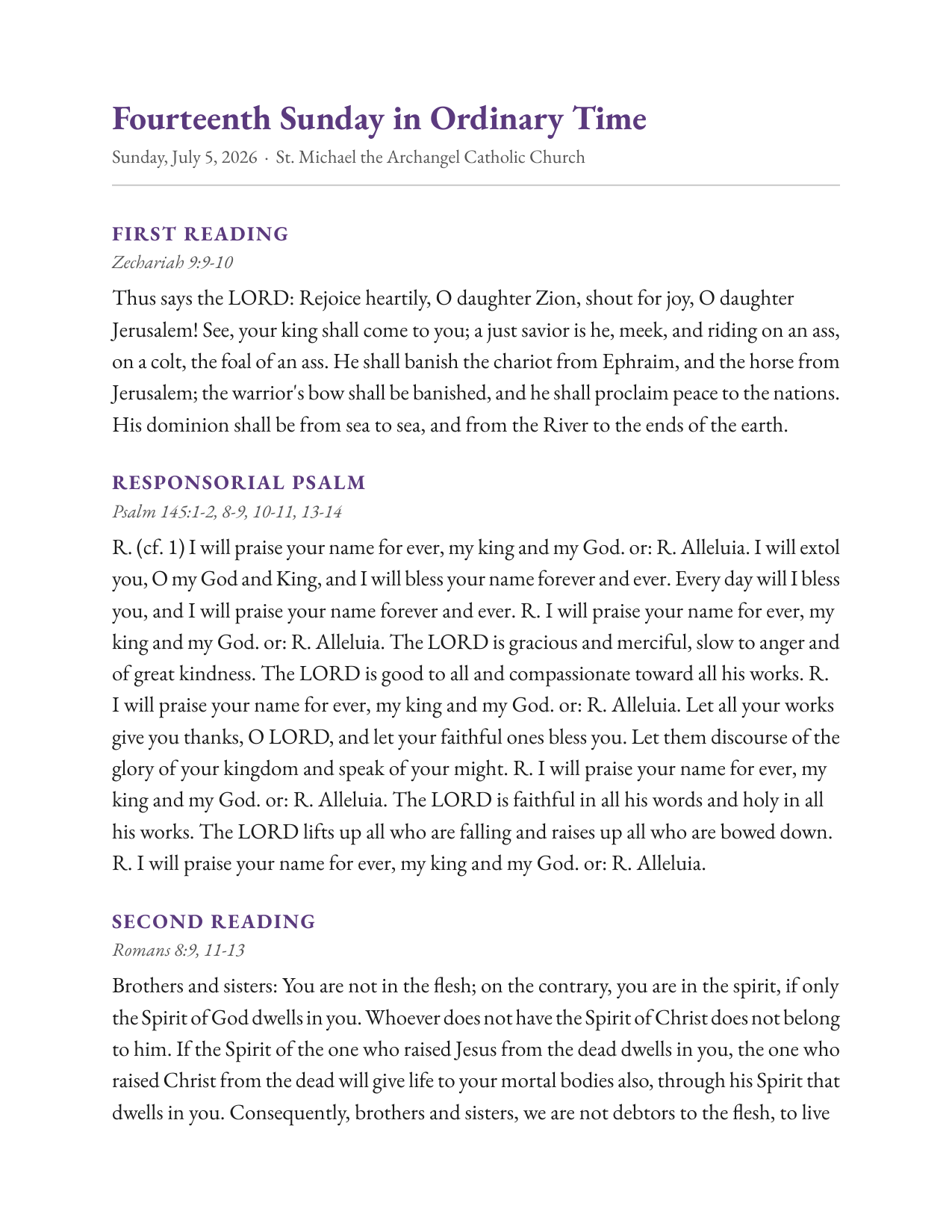 Sample lectern sheet — Readings & Psalm