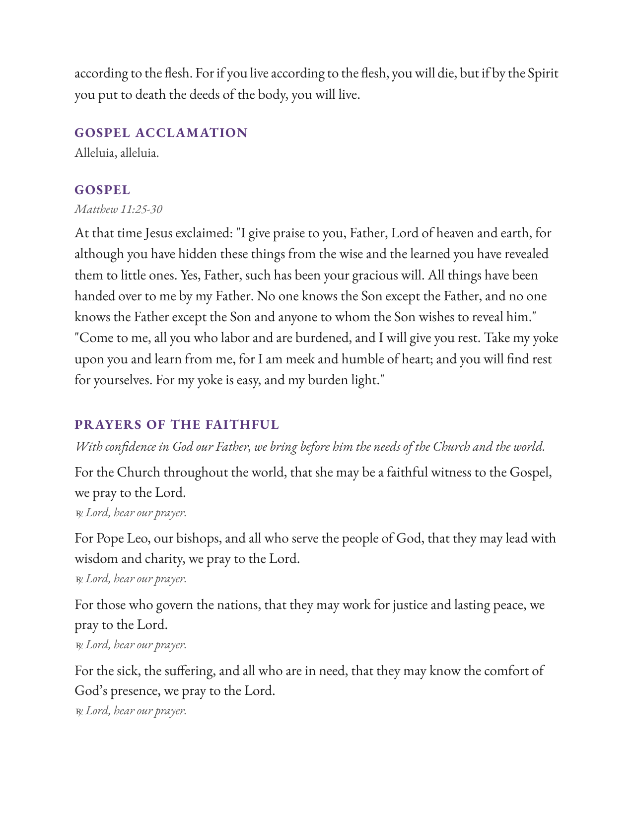 Sample lectern sheet — Gospel & Petitions