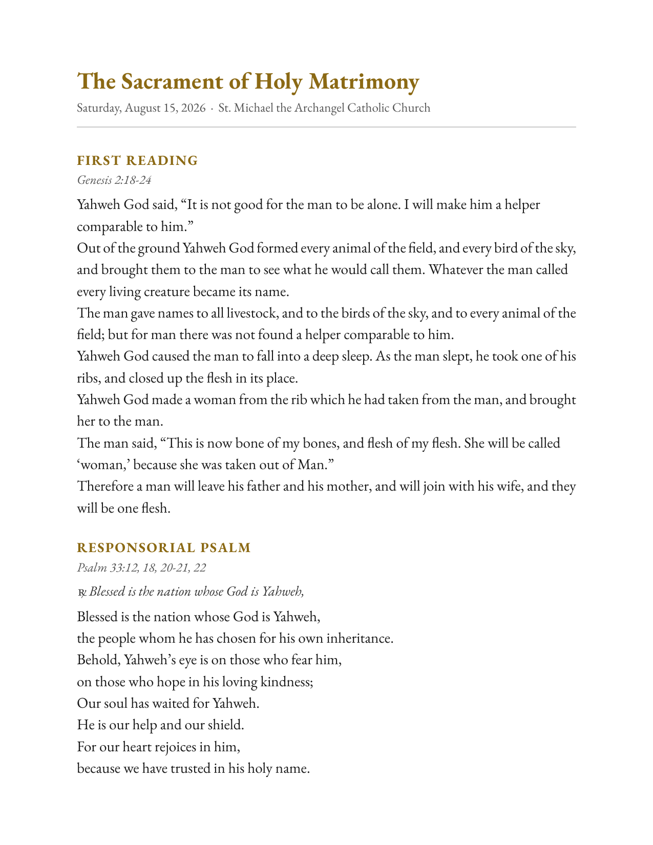 Sample lectern sheet — Readings & Psalm
