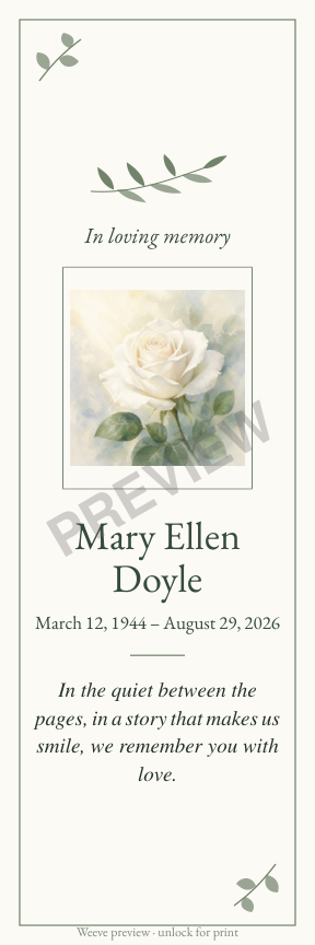 Sample bookmark for Mary Ellen Doyle, with floral artwork and remembrance wording