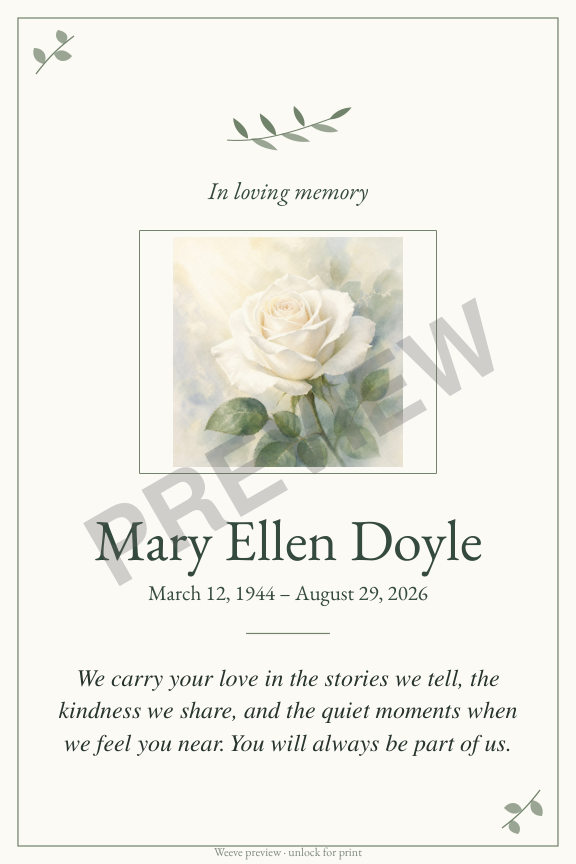 Sample memorial card for Mary Ellen Doyle, with floral artwork and remembrance wording