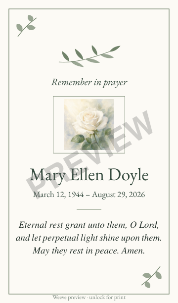 Sample prayer card for Mary Ellen Doyle, with floral artwork and remembrance wording