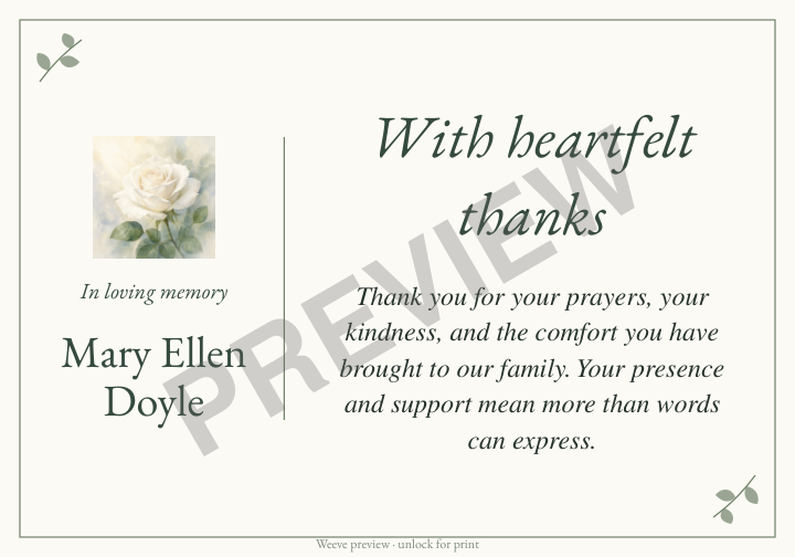 Sample thank-you card for Mary Ellen Doyle, with floral artwork and remembrance wording